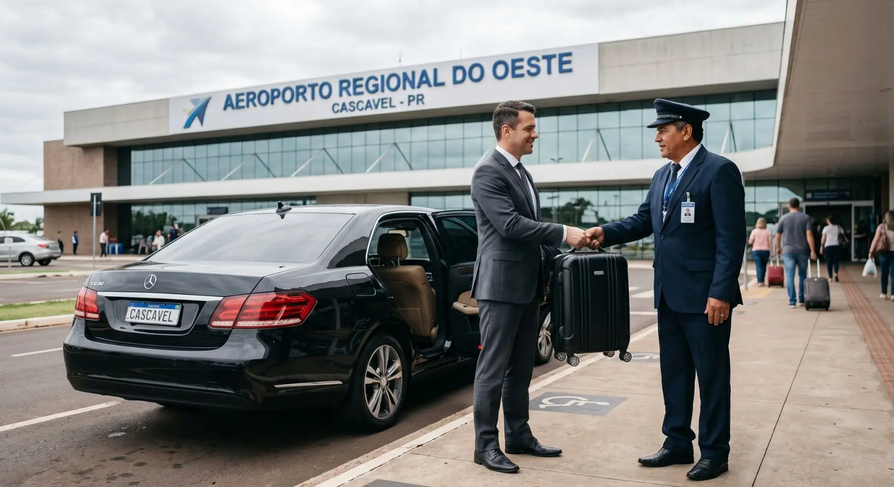Táxi em frente ao Aeroporto Regional de Cascavel com motorista profissional